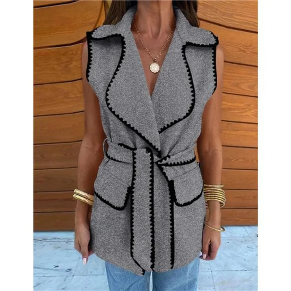 Women's Fall Tweed Vest Jackets Sleeveless Lapel Button Front Belt Cardigan_4